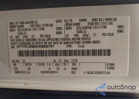 2019 Ford Transit-250 z USA, uszkodzony, nr VIN 1FTYR1ZM2KKB00791